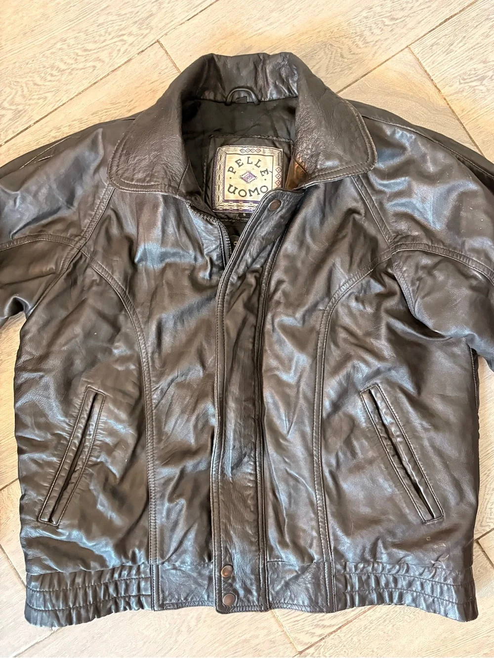 Vintage Pelle Uomo Black Leather Bomber Jacket Size Small Gorpcore Minimalist